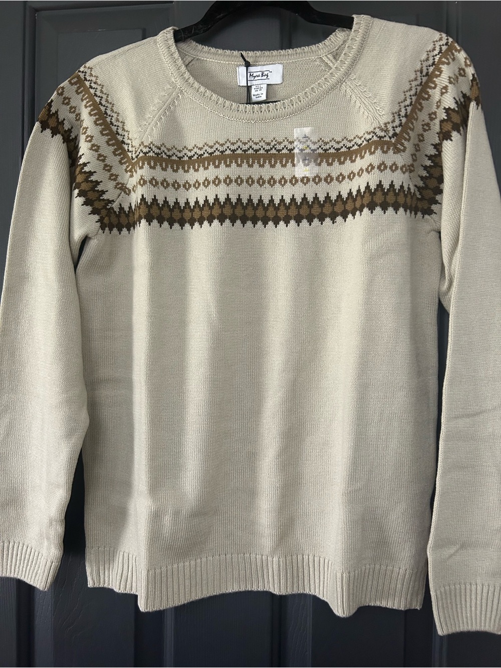 Women’s Myra Bag Cream Crewneck Sweater with Brown Fair Isle Yoke